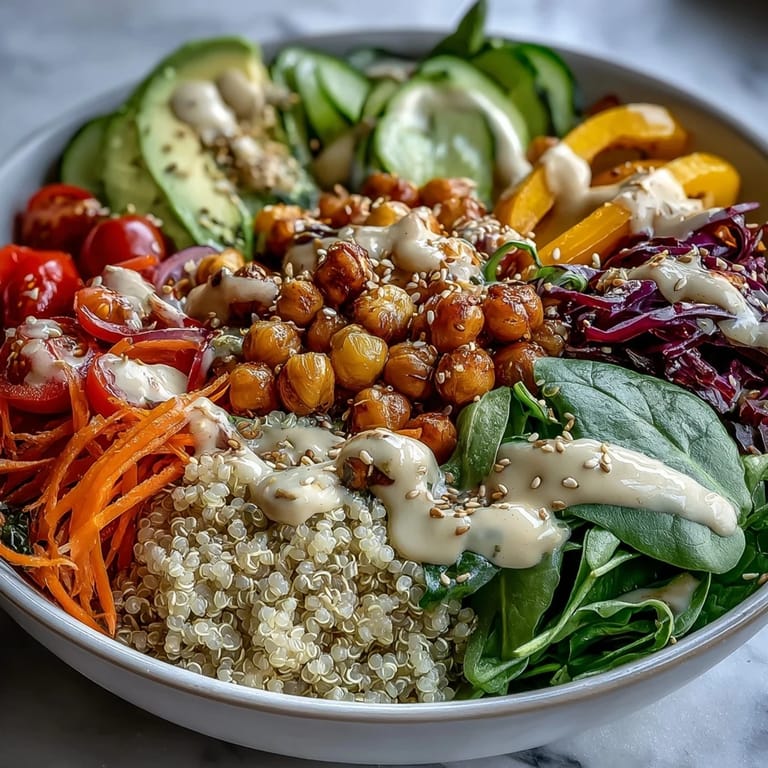 This vibrant quinoa bowl features crisp red cabbage, carrots, and a creamy tahini dressing drizzle. 