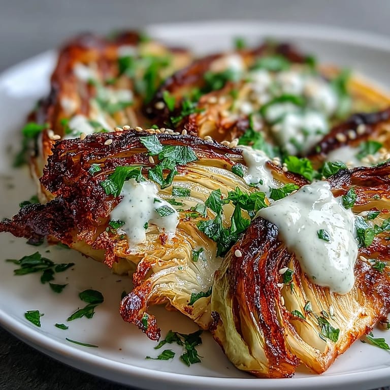 Vibrant roasted cabbage wedges topped with a nutty tahini drizzle and toasted sesame seeds, perfect for a healthy Middle Eastern-inspired side dish.
