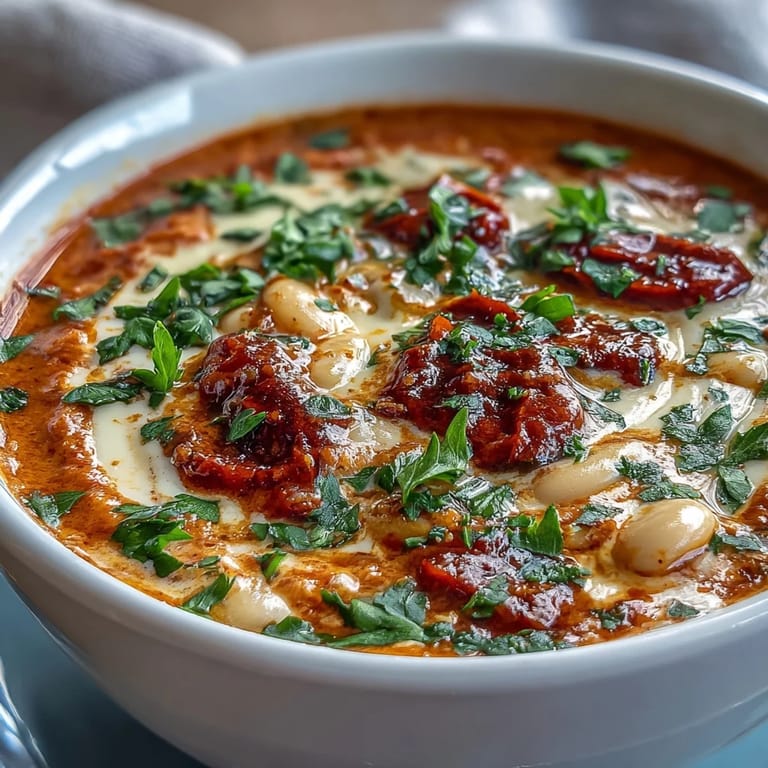 A rustic bowl of White Bean Soup with Tomato garnished with fresh parsley, paired with a grilled cheese sandwich.