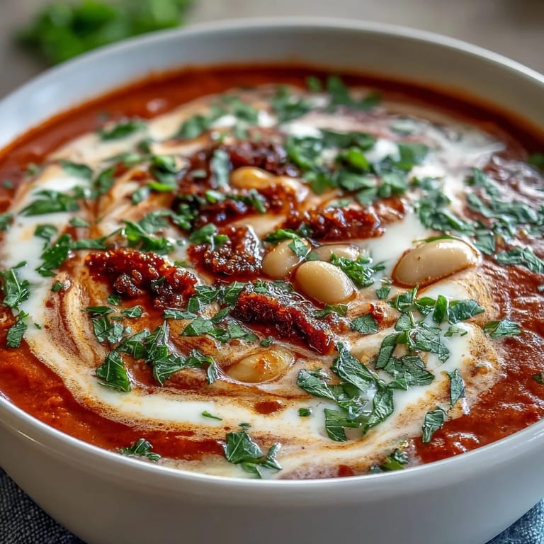 White Bean Soup with Tomato pureed until velvety smooth, finished with cream and served alongside crunchy garlic toast.