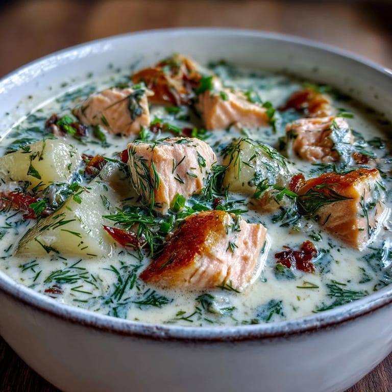 Finnish Salmon Soup features flaky salmon and root vegetables in a rich, creamy broth topped with fresh dill.