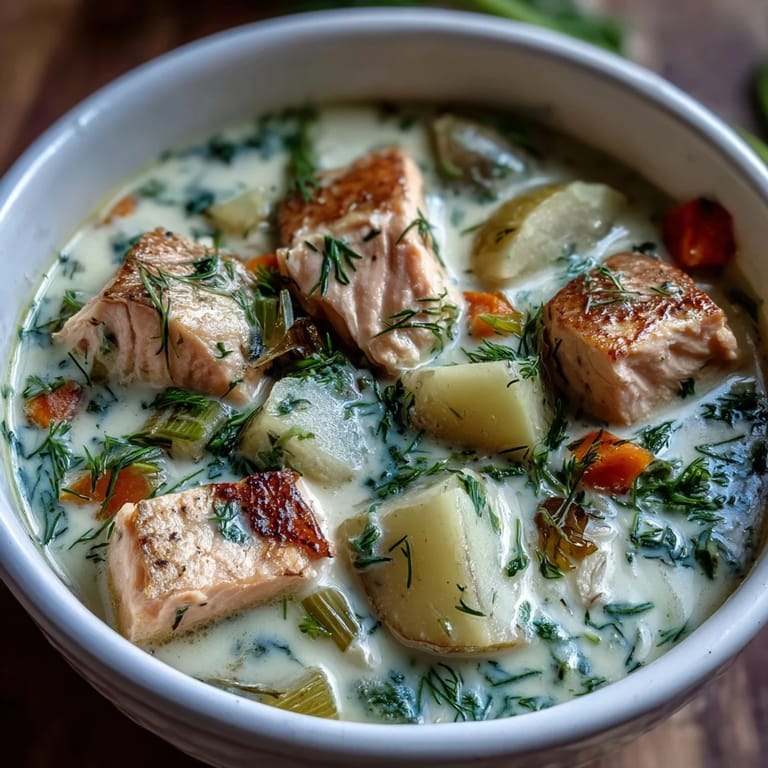 Homemade Finnish Salmon Soup simmering with potatoes and carrots, ready to be ladled into warm bowls for dinner.