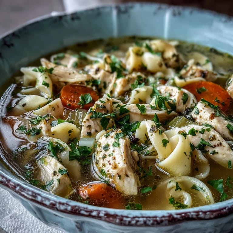 Rustic spoon lifting noodles and chicken from a hearty bowl of Chicken Noodle Soup, ready to serve.