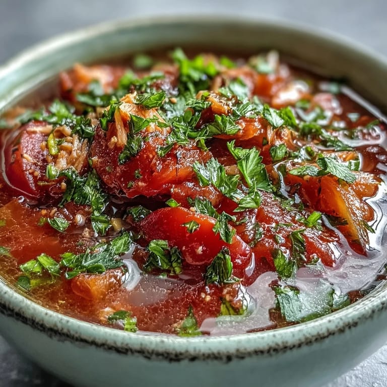 Steaming bowl of Italian-inspired Tuna and Tomato Soup with diced vegetables, served alongside thick crusty bread for dipping.