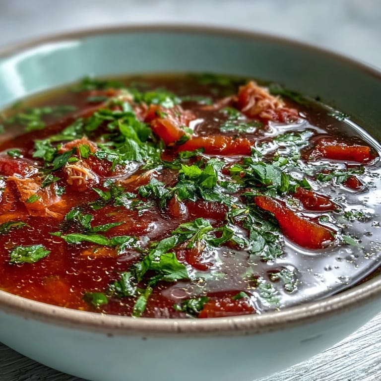 Hearty Tuna and Tomato Soup simmering in a pot, showcasing tender tuna flakes and aromatic herbs with olive oil.