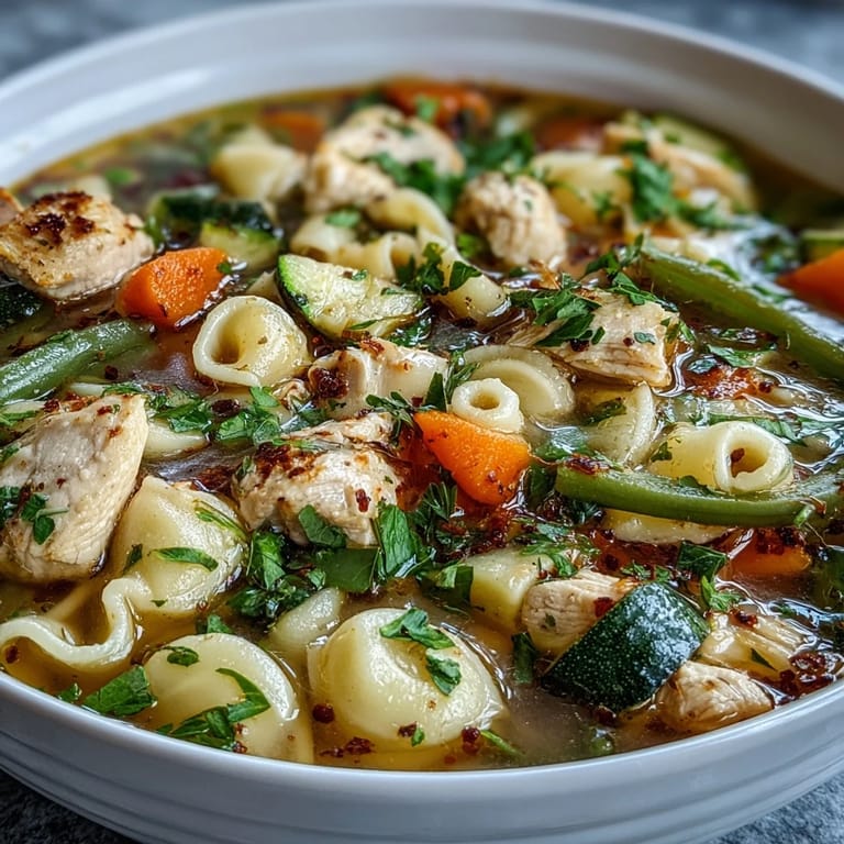 A rustic pot of Pasta Soup With Chicken and Vegetables with chicken cubes and peas, ready to serve.