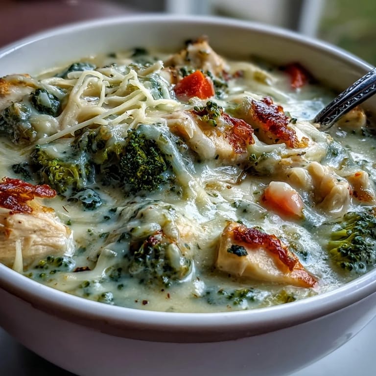 Comforting Best Chicken Broccoli Cheddar Soup served beside a slice of crusty bread for dipping.