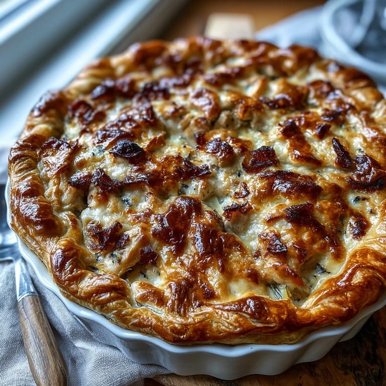 Comforting Chicken and Leek Pie emerges from the oven with a crisp crust and rich, savory filling.
