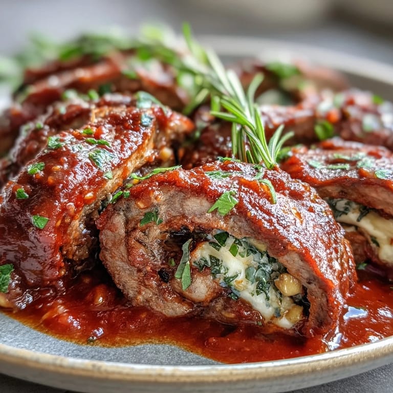 A rustic Italian dinner plate featuring Sicilian-Style Braciole, generously spooned with savory tomato sauce and fresh basil garnish.