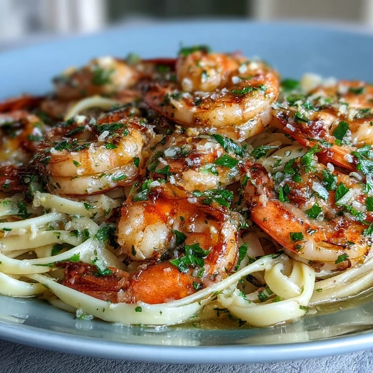 Close-up of tender pink shrimp and twirled linguine glistening with a garlicky white wine butter sauce, flecked with fresh parsley and a touch of lemon zest.
