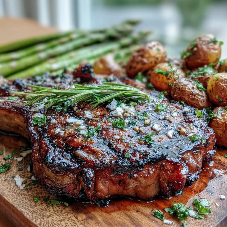 A beautifully seared bone-in rib eye with grill marks, paired with tender potatoes and crisp asparagus, ready for a family meal.