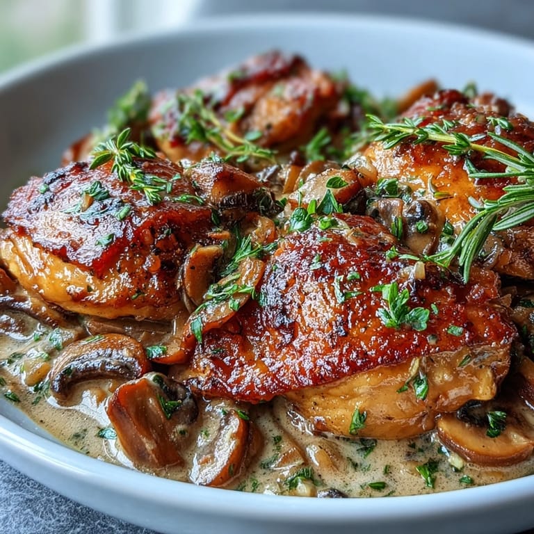Golden chicken thighs and drumsticks simmered in Coq au Vin Rosé, with aromatic herbs, carrots, and leeks for a comforting French-inspired dinner.