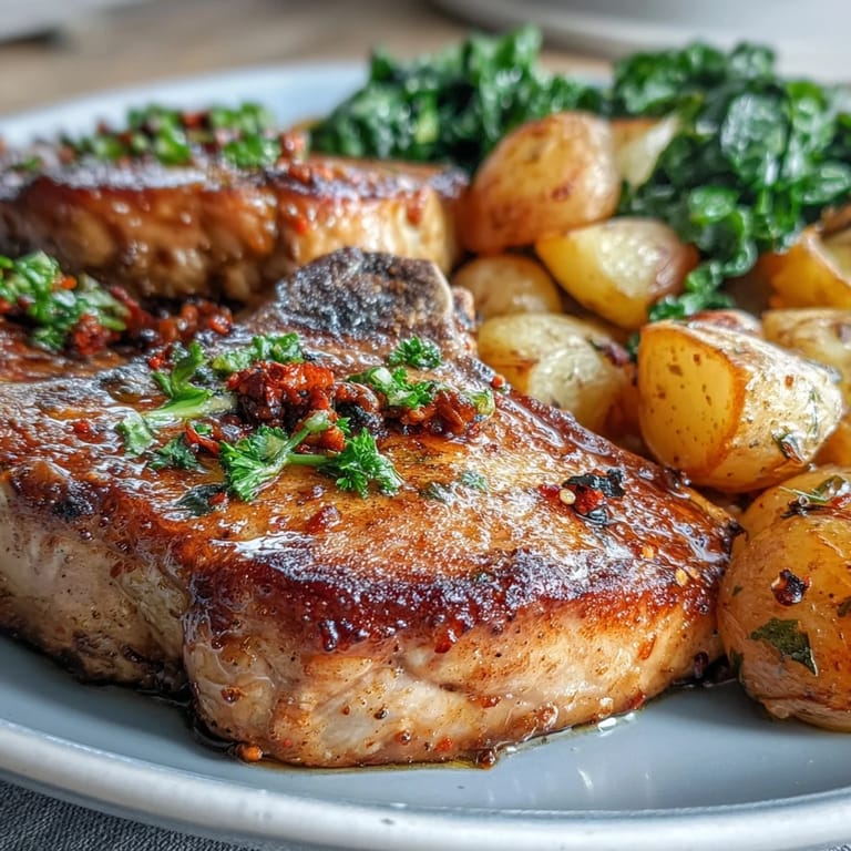 Tender Aleppo Pork Chops paired with golden potatoes and sautéed kale, a vibrant Mediterranean-inspired dinner.