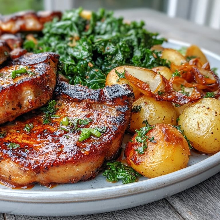 Succulent pork chops marinated in smoky pimentón and Aleppo pepper, served with roasted potatoes and wilted greens.