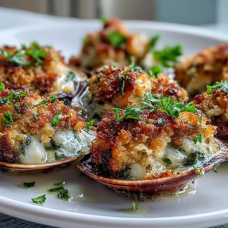 Savory baked littleneck clams topped with garlicky breadcrumbs, ready to serve as an elegant appetizer.