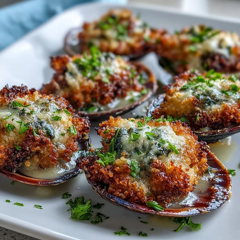 Roasted clams with lemony panko topping on a baking sheet with parsley and lemon wedges.