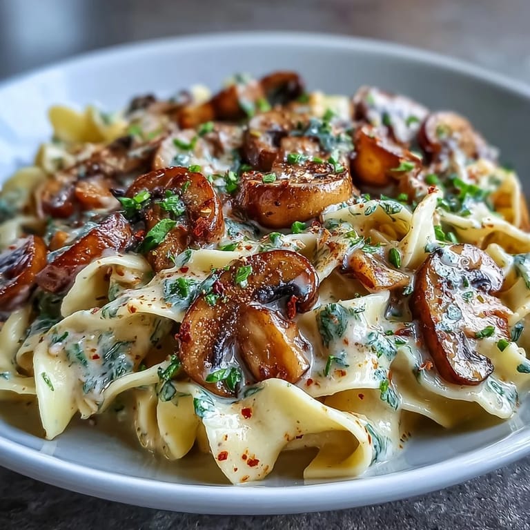 Hearty Creamy Mushroom Stroganoff in a skillet, perfect for a cozy vegetarian dinner.
