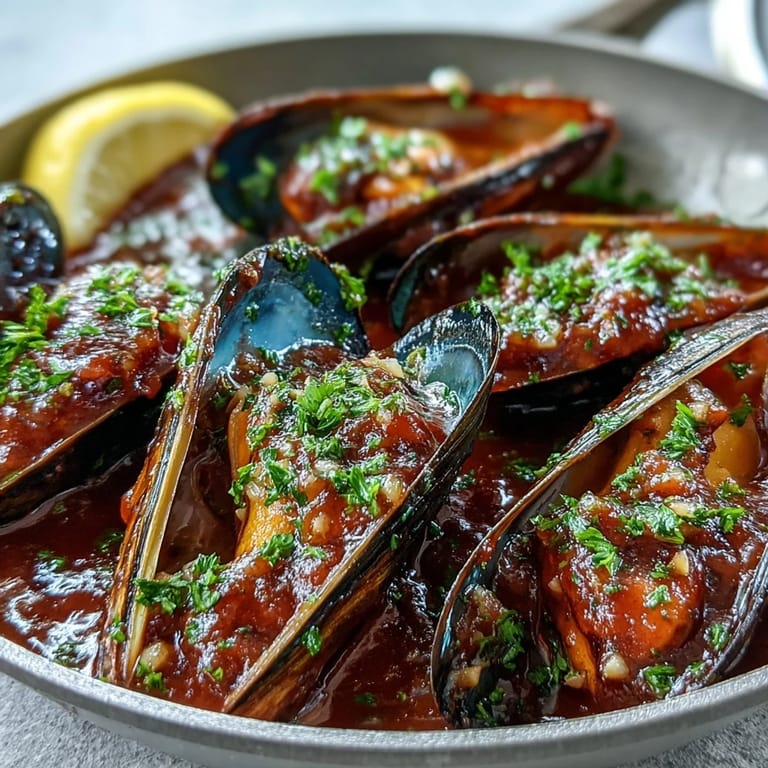 Crusty bread is ready to dip into this vibrant Smoky Mussels Pomodoro, served fresh and hot.
