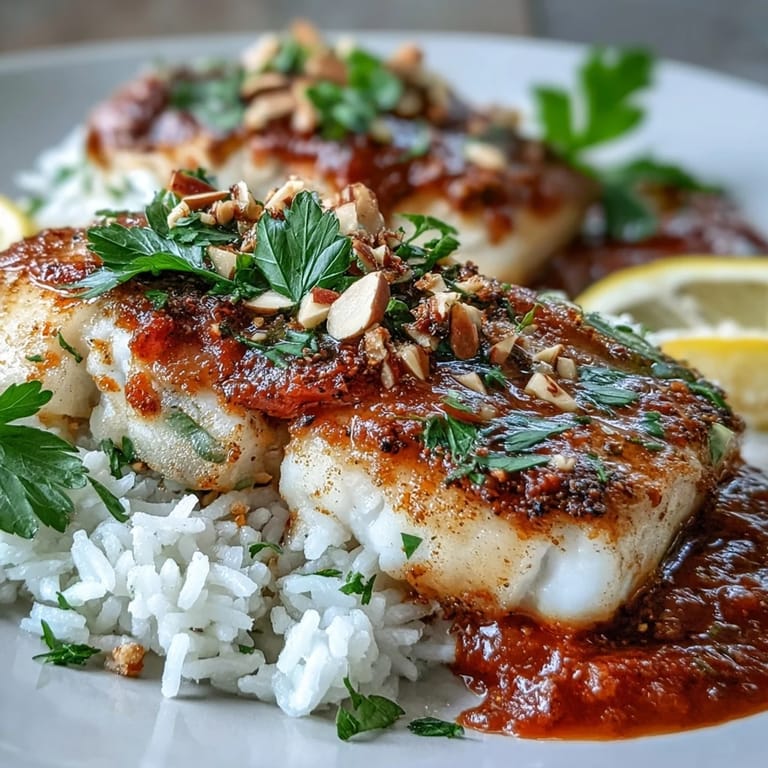 Freshly baked Tomato-Roasted Cod in a zesty tomato sauce, garnished with parsley and lemon wedges.