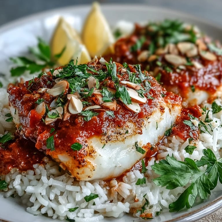 Spiced almonds add crunch to Tomato-Roasted Cod plated on aromatic ginger rice with fresh parsley.