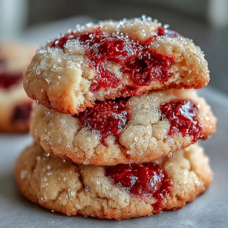 Homemade Soft Chewy Raspberry Sugar Cookies with bright red raspberry bursts and chewy texture.