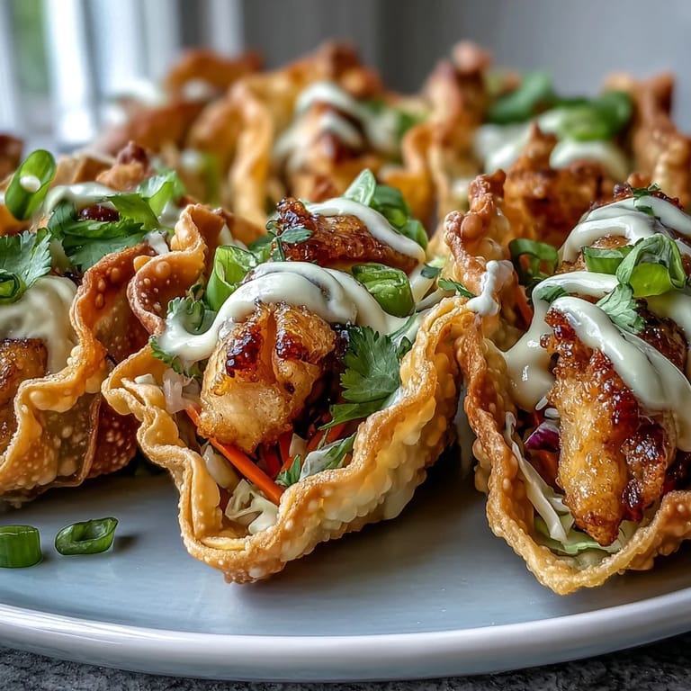 Close-up of golden Crispy Chicken Wonton Tacos showcasing tender spicy chicken and crunchy cabbage slaw inside crisp wonton shells.