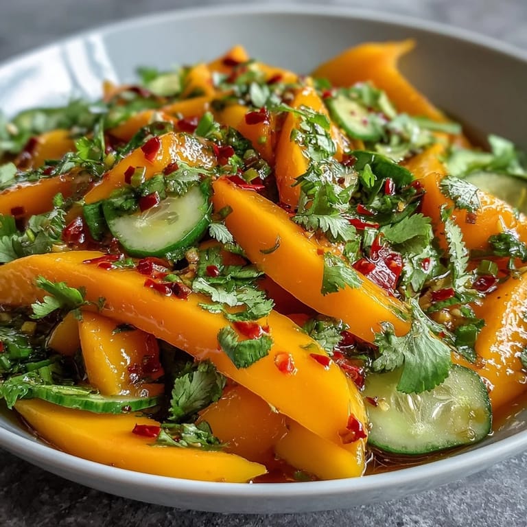 Vibrant bowl of Refreshing Mango Salad with Lime Dressing, with mango, cucumber, peppers, and cilantro ready for a summer meal.