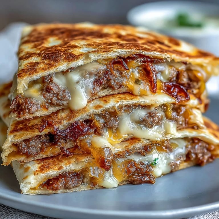 Golden Cheesy Griddled Smashburger Quesadillas steam on a plate with fresh cilantro and pickles beside a zesty dipping sauce.