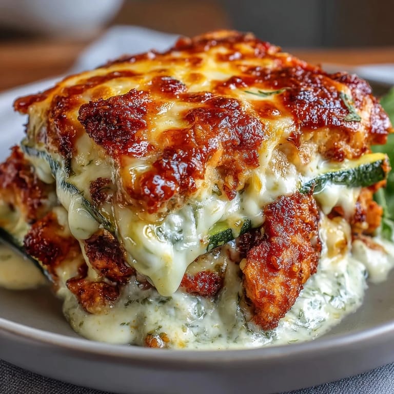 Layered slices of zucchini, golden-seared chicken, and melted cheese make this High Protein Chicken Zucchini Bake a hearty, family-style casserole with a bubbly finish.