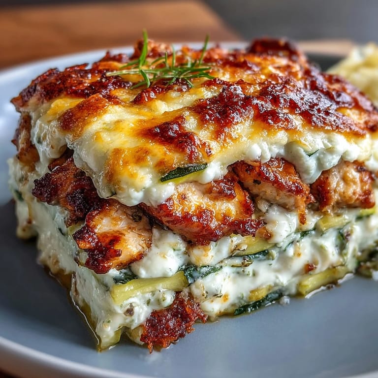 Fresh parsley garnish adds a green pop to the High Protein Chicken Zucchini Bake, served warm from the oven for a comforting low-carb dinner.