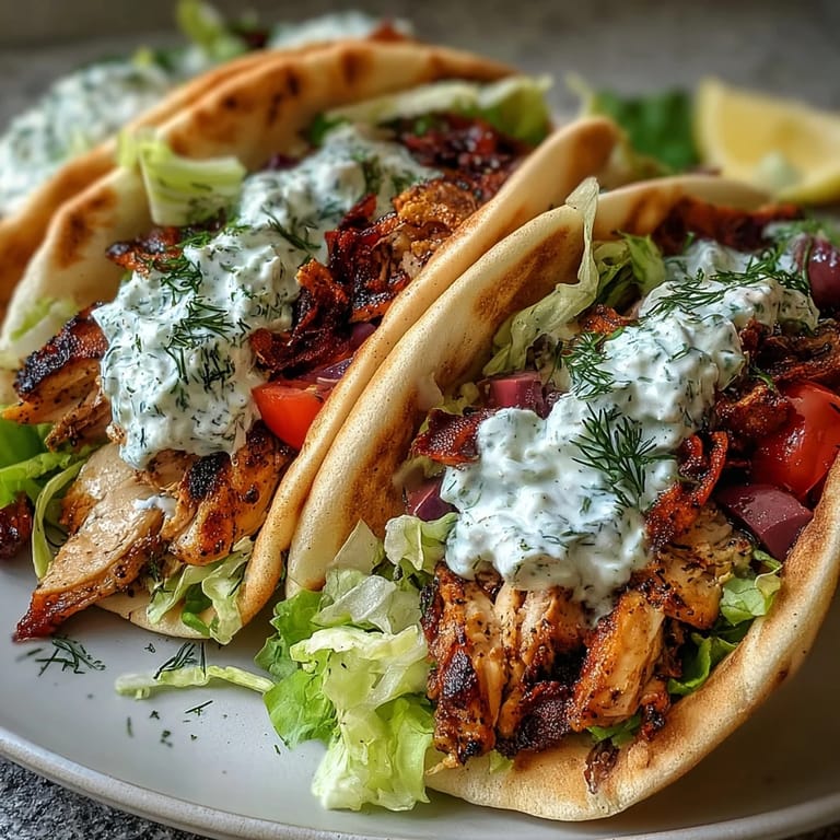 Colorful platter of Mediterranean Chicken Gyros topped with fresh tomatoes, red onion, and Kalamata olives.