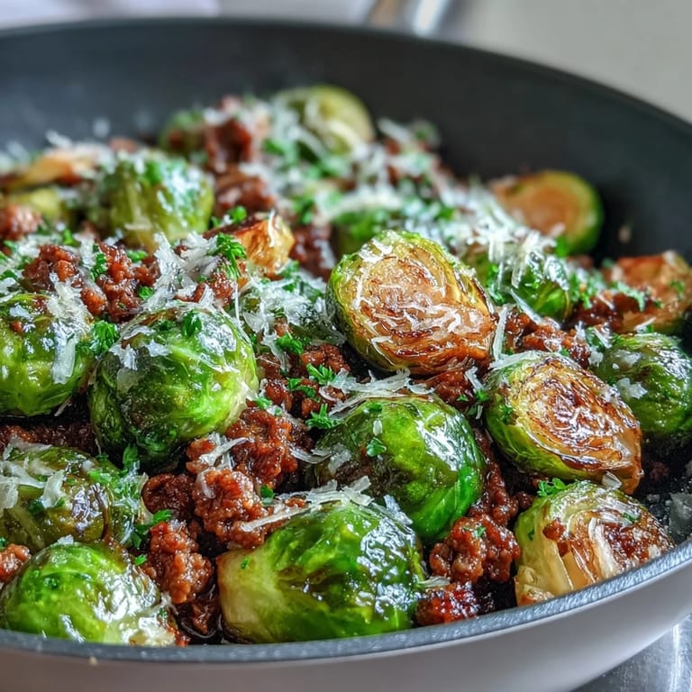 Freshly chopped parsley and a bright squeeze of lemon juice finish this golden Brussels sprouts and ground turkey skillet dish.