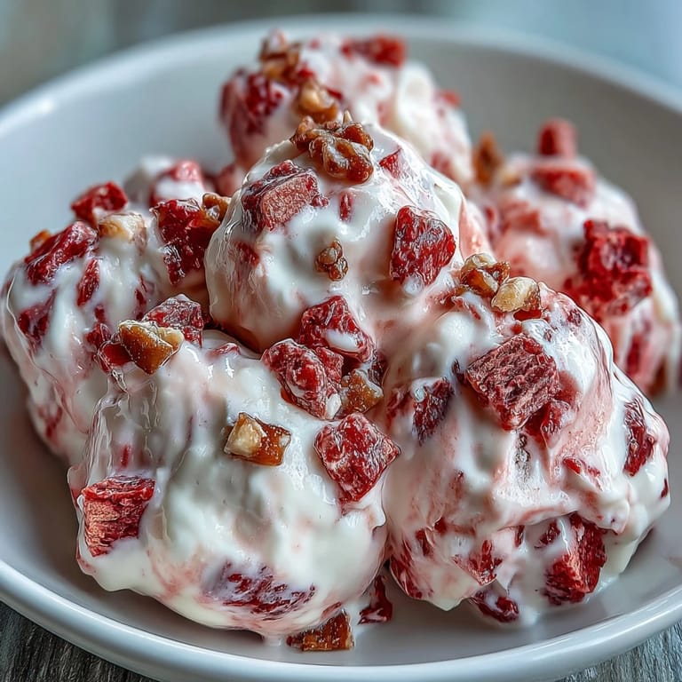 Strawberry & Banana Yoghurt Clusters rest on a tray, ready to satisfy sweet cravings with a refreshing, crunchy texture.