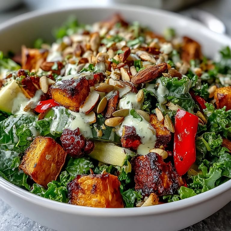 Close-up of a nutritious kale salad bowl featuring massaged kale, roasted vegetables, crunchy nuts, and a generous pour of tahini dressing.