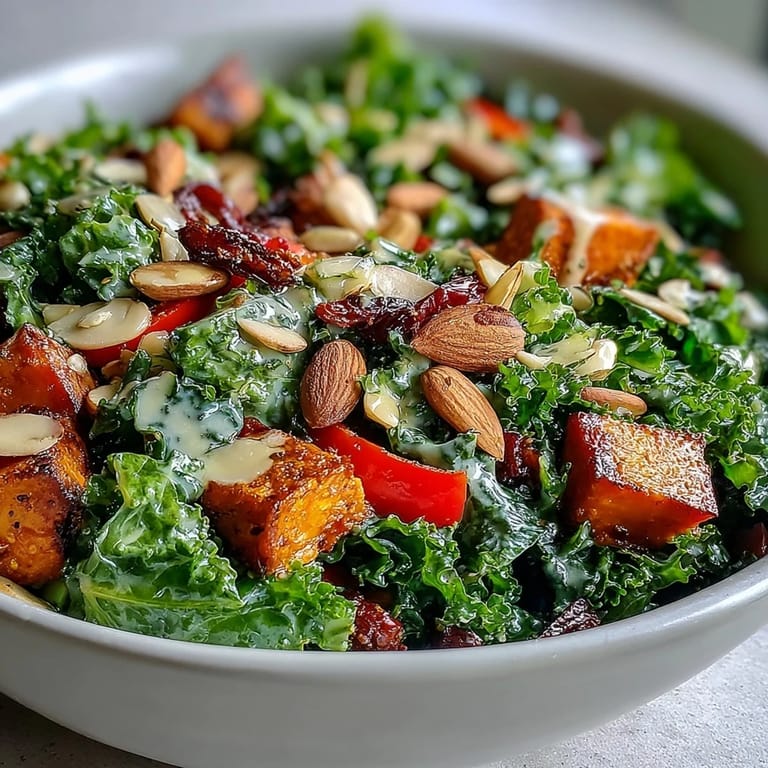 Healthy vegan kale salad bowl with tender kale, roasted veggies, and toasted seeds, served fresh in a rustic white bowl.