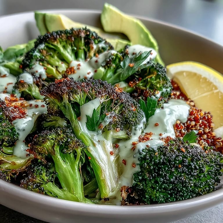 A vibrant roasted broccoli bowl garnished with avocado slices, toasted sesame seeds, fresh parsley, and lemon wedges for a bright Mediterranean finish.  