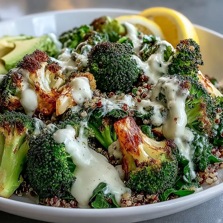 Golden, oven-roasted broccoli and red onion on a bed of grains, finished with a luscious tahini drizzle—ideal for a healthy dinner.