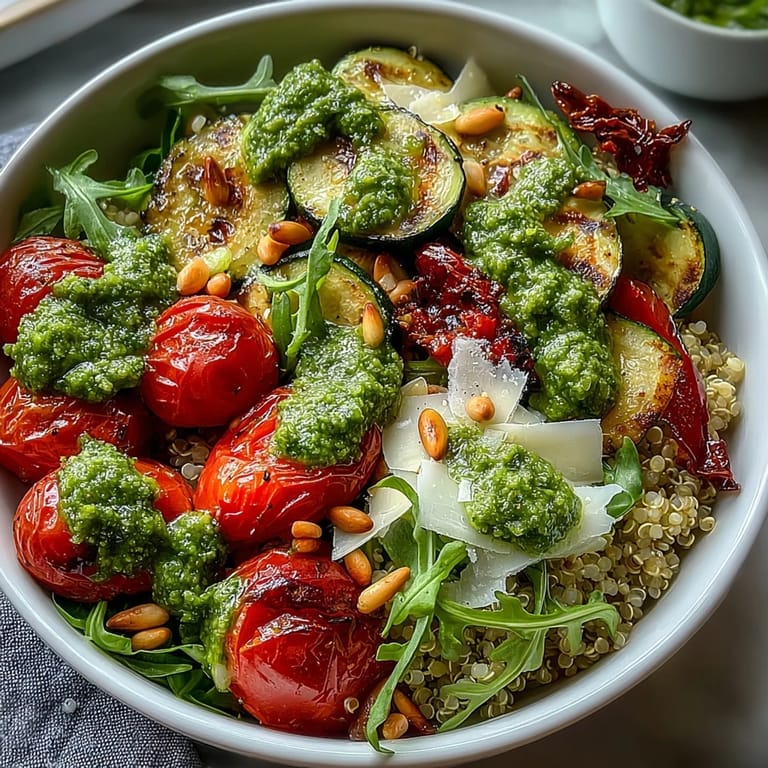 Serving suggestion for Arugula Pesto Bowl, a nourishing vegetarian grain bowl with zesty homemade pesto.