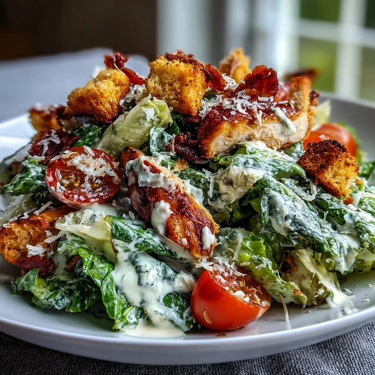 A vibrant Romaine Caesar Bowl with cherry tomatoes and chickpeas for a vegetarian option, showcasing crunchy croutons and a rich, garlicky dressing.  
