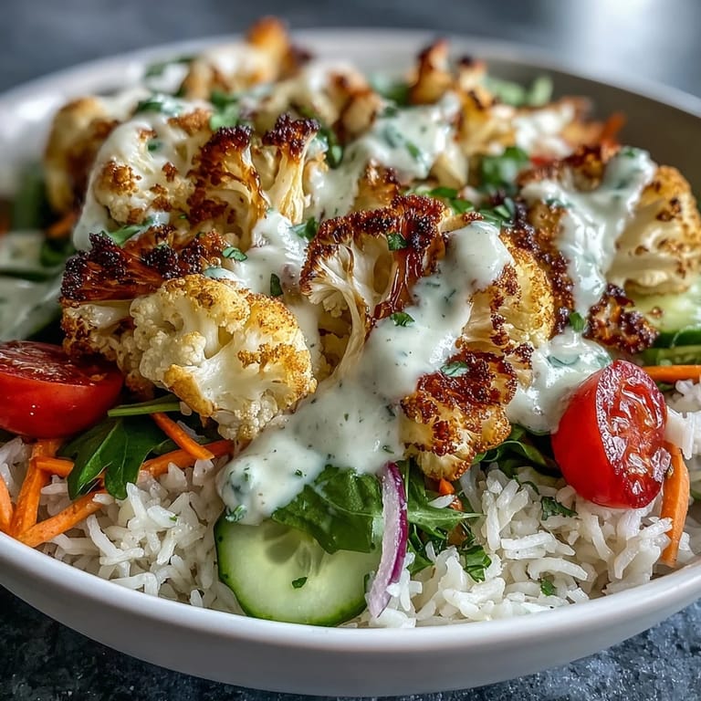 Zesty tahini sauce drizzled generously over a colorful roasted cauliflower bowl with spinach and red onion, served on a rustic wooden table.