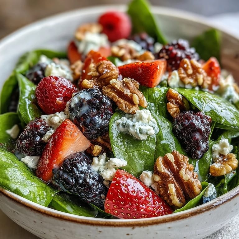 Fresh baby spinach and mixed berries tossed in a tangy homemade vinaigrette for a light, refreshing lunch.  
