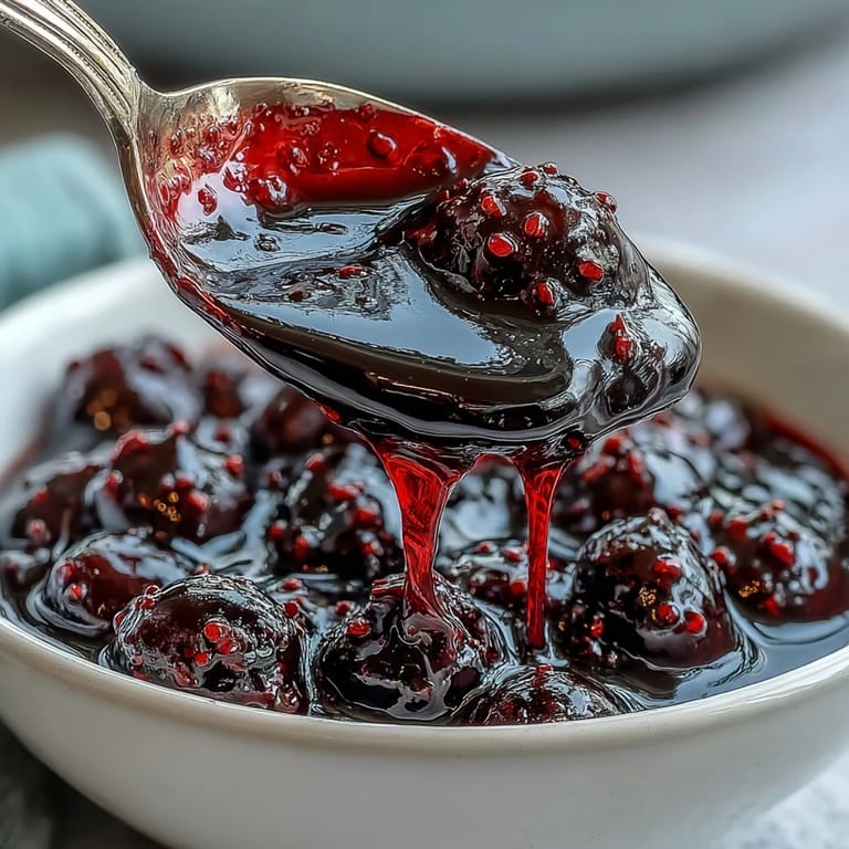 Glossy Black Currant Sauce pooling around a scoop of vanilla ice cream and fresh berries in a bowl.