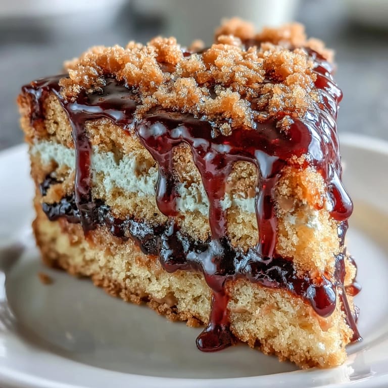 Fresh black currant sauce pools around a slice of PB and J Cake With Black Currant Sauce on a rustic wooden serving board.