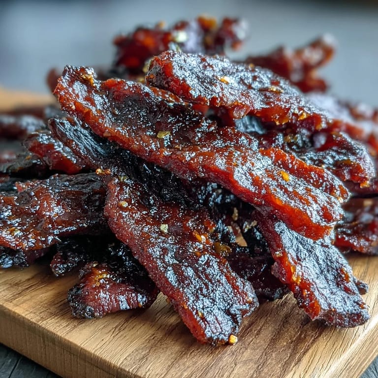 A close-up of Black Currant Smoky Jerky highlights its textured surface and rich, smoky seasoning.