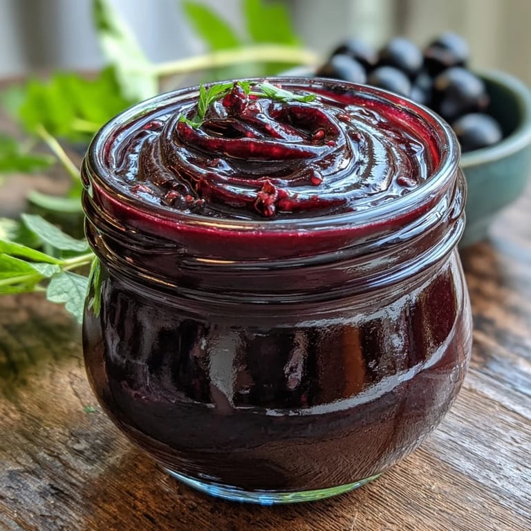 A glass jar of homemade Black Currant Vinaigrette next to fresh shallots and a bottle of olive oil.