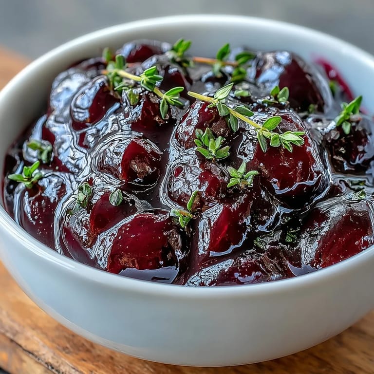 Thickened Black Currant Glaze in a white bowl sits beside a basting brush, with roasted chicken and thyme sprigs for a savory dinner presentation.