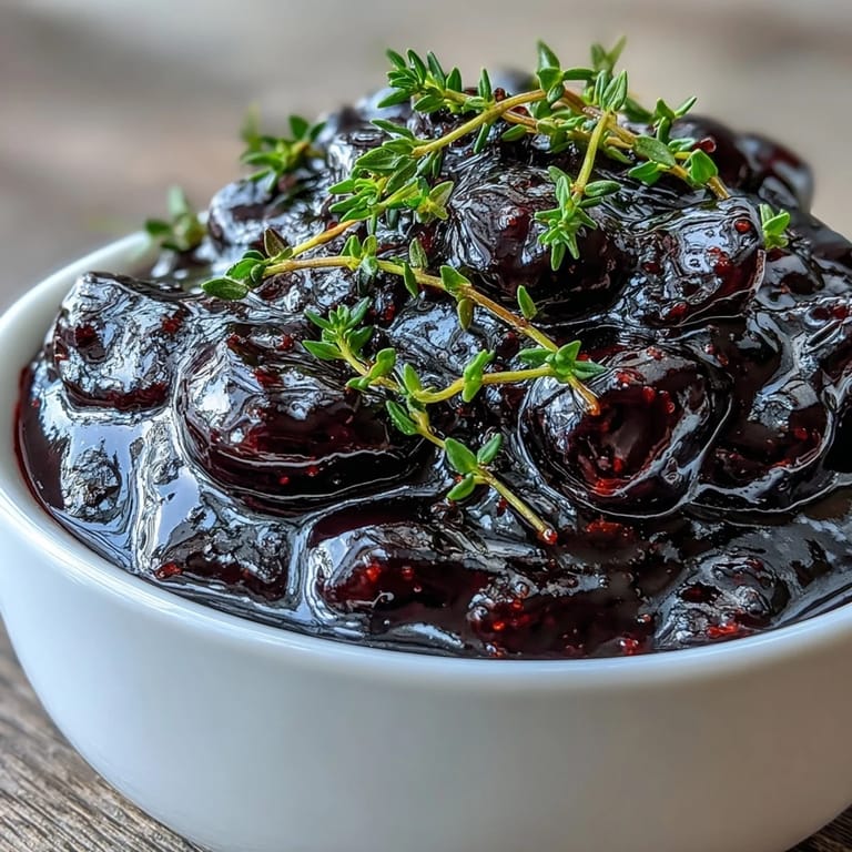 Spoon lifting rich Black Currant Glaze from a saucepan, showing its glossy, deep purple texture, perfect for finishing baked Brussels sprouts or pork.