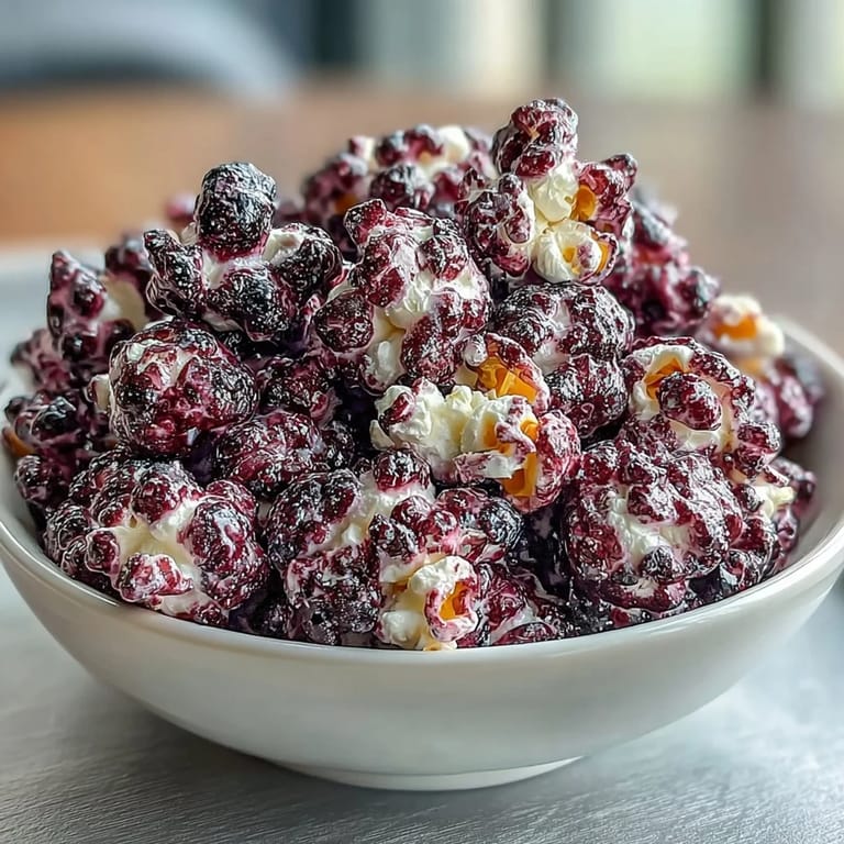 Gourmet kettle corn drizzled with black currant essence and cheesecake powder, offering a sweet and tangy popcorn treat.  