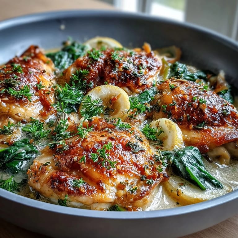 One-pot lemon orzo dish with juicy chicken, fresh spinach, and zesty citrus notes for a Mediterranean-inspired meal.