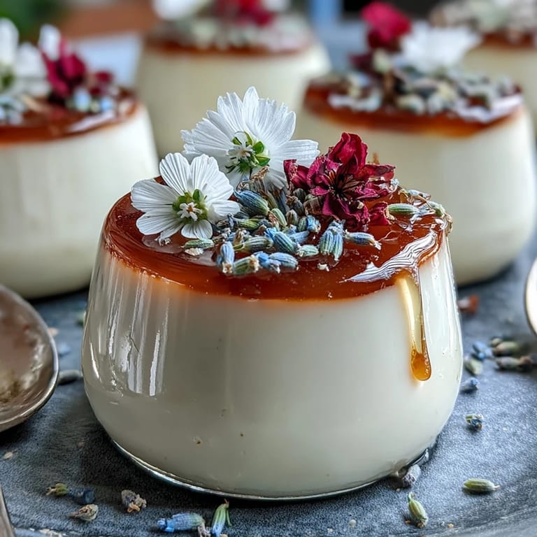 Silky Italian panna cotta infused with lavender and honey, served chilled with a vibrant edible flower garnish.